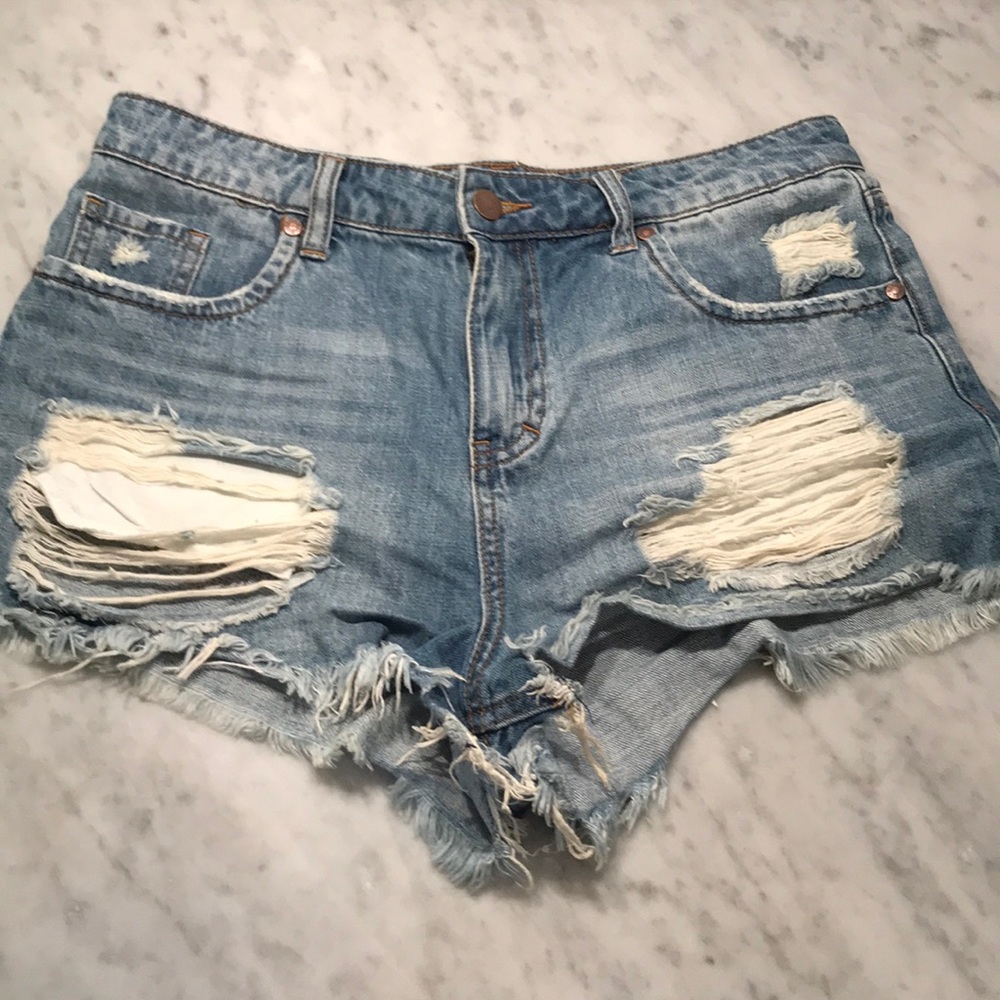 Distressed denim shorts